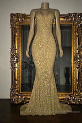 Gorgeous Sequined Mermaid Spaghetti-Strap Long Sleevesless Semi Formal Prom Party Gowns
